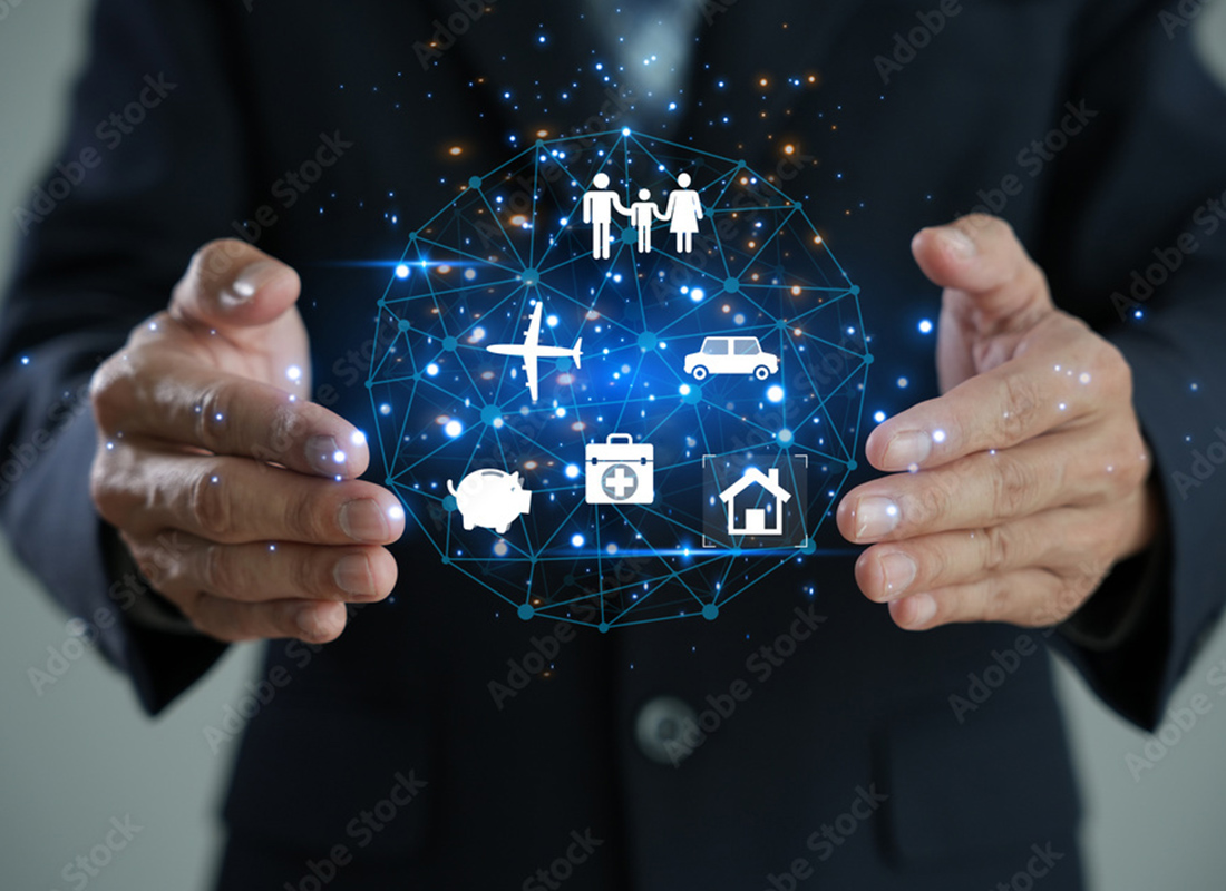 Insurance Solutions - Close-up of a Business Man Holding a Digital Display of Icons